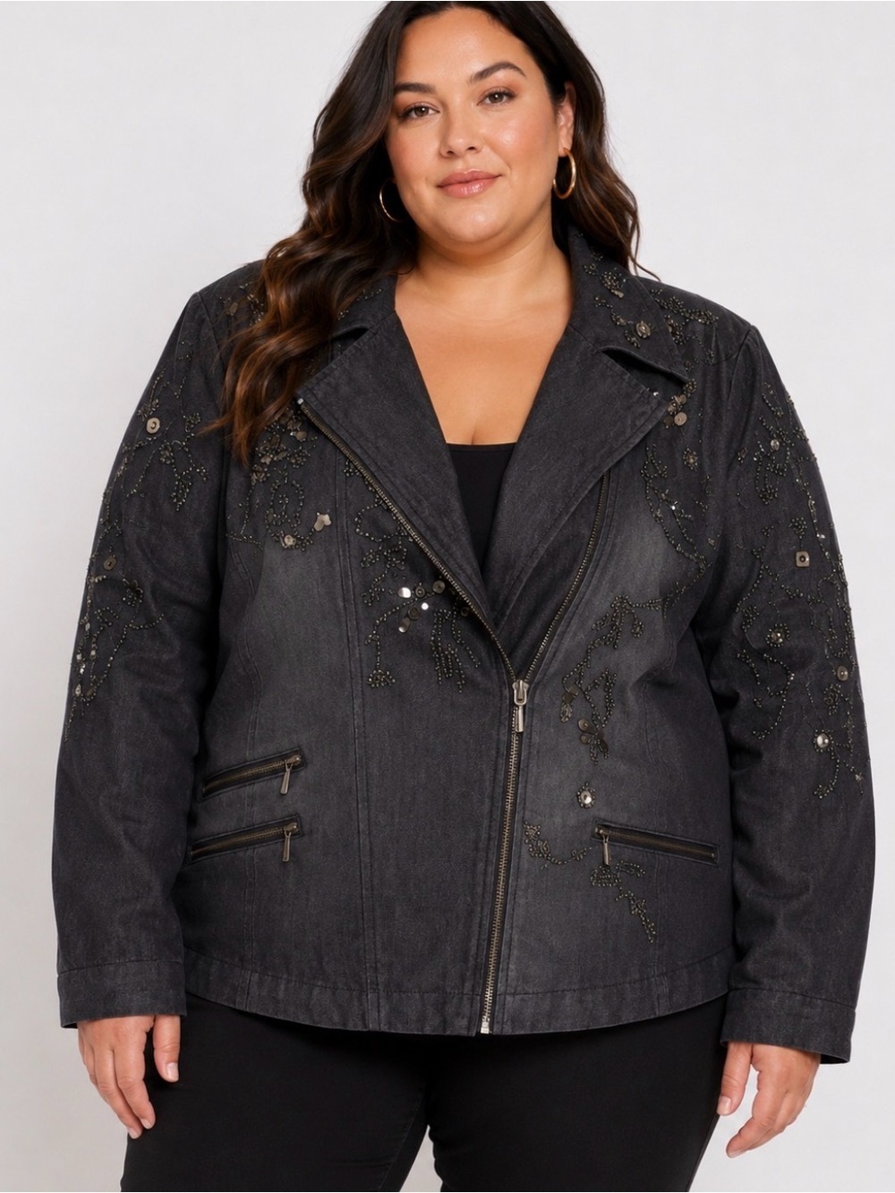 Chico's Black washed Sequin/beaded Stretch Zipper Jacket SZ 3XL denim western